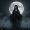 A dark, atmospheric scene featuring a spectral female figure embodying a lunar goddess, surrounded by swirling mist and faint moonlight, with subtle hints of decaying undead elements like skeletal hands emerging from the ground, but without explicit gore or overt horror imagery