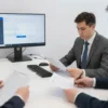A modern Russian government office interior with officials in suits reviewing documents and payment forms, showing a digital payment system interface on a screen, clean professional atmosphere, no text or numbers visible