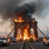 A massive fire is raging on one of the world's most famous bridges, with thick black smoke billowing into the sky, flames licking the stone arches and metal structures, emergency vehicles with flashing lights gathered on both sides of the bridge, and bystanders watching from a distance in the evening light