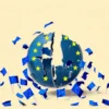 A symbolic representation of the European Union's attempt to build its own satellite navigation system, with a fragile structure resembling a broken globe or satellite network, surrounded by fading blue EU flags and conflicting digital signals, conveying potential failure
