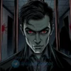 A dark, moody illustration of a man with a psychopathic aura, intense eyes, and a menacing expression, standing in a dimly lit prison cell with bloodstains on the walls and a shadowy figure behind him, conveying violence and guilt