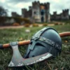 A weathered Viking warrior's helmet and a rusted axe lying on a grassy field in England. In the background, a blurred image of an ancient English castle. The scene should evoke a sense of historical discovery and the passage of time. Focus on the textures of the metal and the earth.
