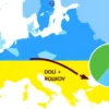 A political map of Europe showing Ukraine highlighted with a glowing green outline, surrounded by European Union flags, with a downward arrow over a pie chart labeled 'Dоля поляков' indicating a decreasing percentage, clean vector illustration, no text on image