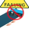 A warning sign showing a smartphone with a credit card being held near it, with a red prohibition symbol over the action, symbolizing fraud prevention, clean and clear background