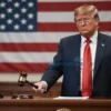 A courtroom scene with a stern judge handing a gavel to Donald Trump, who stands confidently with a subtle American flag in the background, symbolizing a presidential pardon, clean composition, no text or numbers