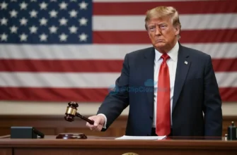 A courtroom scene with a stern judge handing a gavel to Donald Trump, who stands confidently with a subtle American flag in the background, symbolizing a presidential pardon, clean composition, no text or numbers