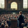 A dramatic scene showing a German industrial union leader in a formal suit standing at a podium in a grand 19th-century assembly hall, addressing a large crowd of diverse industrial workers and factory managers, with vintage German industrial architecture visible through large windows, conveying urgency and importance through expressive gestures and attentive audience, realistic lighting with warm tones