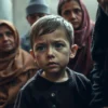 A somber scene depicting a young four-year-old child in a simple, modest home in Dagestan, with a serious expression, surrounded by concerned family members or community elders, conveying the gravity of a tragic event, soft natural lighting, realistic details, emotional depth