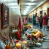 A solemn memorial scene in a Russian school hallway showing a young girl's photograph on a wall surrounded by flowers and candles with blurred grieving classmates in the background conveying loss and investigation