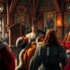 A historical scene depicting Ivan the Terrible (Ivan IV) in a 16th-century Russian throne room, wearing ornate imperial robes with fur trim and a golden crown, seated on a wooden throne, gesturing authoritatively toward a group of boyars and officials who are listening attentively; the room features traditional Russian architecture with onion-domed windows, religious icons on the walls, and candlelight casting a solemn atmosphere; focus on the theme of state governance and autocratic rule as emp