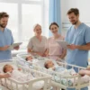 A warm, cheerful scene of a modern Russian hospital nursery with several newborn babies in cribs, surrounded by smiling parents and medical staff, soft natural lighting, pastel colors, no text or numbers