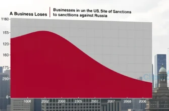 A large, stylized graph depicting a sharp downward trend representing business losses in the US due to sanctions against Russia. The graph should be the central focus, with subtle background elements suggesting a cityscape or financial district.