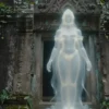 A majestic, translucent spirit-like figure, glowing with soft, ethereal light, stands protectively against a weathered stone wall adorned with ancient carvings. The wall shows signs of age and wear, with moss and vines growing in crevices. The spirit is vaguely humanoid, with flowing forms and hints of ancient symbols within its form. The overall atmosphere is mysterious and awe-inspiring, suggesting a guardian of a lost civilization. Focus on the interplay of light and shadow on the stone and t