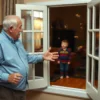 An elderly man closing a window to protect his grandson from wasps, the grandson looking surprised, a few wasps visible near the window, realistic indoor setting with wooden floor and family photos on walls, warm lighting