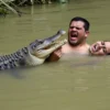 A crocodile biting a swimmer's shoulder in India, showing the intense and dangerous moment with the swimmer struggling to free themselves. The scene should be set in a river or lake with murky water and lush vegetation around the edges. The crocodile should be depicted with sharp teeth and a powerful grip, while the swimmer shows signs of panic and pain.
