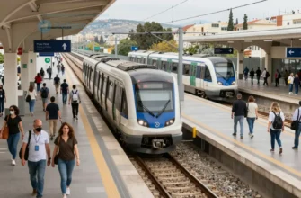 A bustling scene of a modern metro station in Israel, with trains arriving and departing on sleek tracks, surrounded by diverse passengers in contemporary attire. In the background, a high-speed rail line connects to a scenic landscape, symbolizing the integration of urban and regional transport networks. The image should emphasize advanced infrastructure, seamless connectivity, and the harmony between technology and daily life.