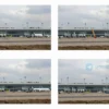 A panoramic view of four distinct Russian city airports, each showing empty runways and terminals under overcast skies, with subtle visual cues of suspension such as closed gates, idle aircraft, and a quiet atmosphere, without any visible text or signage