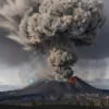 A dramatic and expansive view of a volcanic eruption from the Shiveluch volcano, with a massive ash cloud billowing into the sky. The ash cloud should be dense and dark, spreading out in a plume shape, with the volcano's crater visible at the base. The surrounding landscape should show the impact of the eruption, with ash covering the ground and possibly some nearby vegetation. The sky should be overcast with a hint of sunlight breaking through, creating a stark contrast with the dark ash cloud.