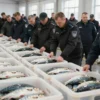 A large-scale scene showing officials from Russian law enforcement agencies inspecting and seizing crates of unmarked fish in a warehouse or storage facility in Petropavlovsk-Kamchatsky, with visible weight markings indicating 28 tons, realistic details of fish crates, official uniforms, and confiscation process, no text or numbers on image