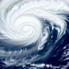 A powerful storm named 'Berta' forming over the Gulf of Mexico, with swirling clouds, dark thunderstorm formations, and visible eye structure, surrounded by turbulent ocean waves and distant landmasses