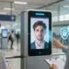 A futuristic scene showing biometric security technology in action, such as facial recognition, fingerprint scanning, and iris identification, integrated into a high-tech environment like a bank, airport, or digital interface. Include diverse people interacting with the systems, holographic displays, and subtle elements symbolizing fraud prevention, such as shields or locked icons. Avoid text, letters, or digits in the image.