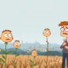 A person standing in a field with various plants, including some that appear to be cannabis, looking concerned or worried. The background should include elements of the Volgograd region, such as a distant view of the city or recognizable landmarks. The scene should convey a sense of legal trouble or impending consequences.