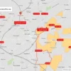 A map of Ulyanovsk with highlighted areas where hot water supply will be shut off in July, showing streets and neighborhoods without any text labels or numbers