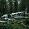 A crashed airplane wreckage scattered across a dense forest, with broken metal parts, twisted fuselage, and shattered windows visible among the trees. The scene should show signs of long-term abandonment, such as moss-covered debris and overgrown vegetation. The atmosphere should feel somber and mysterious, with soft natural lighting filtering through the canopy.