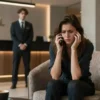 A modern hotel lobby. A woman sits on a plush armchair, looking distressed and talking on her phone. In the background, a hotel employee stands near a reception desk, looking concerned. The overall atmosphere is somber and serious. Focus on conveying empathy and concern.