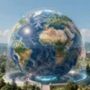 A futuristic, large-scale atmospheric energy shield encasing the Earth. The shield is a shimmering, translucent dome with visible energy currents flowing within. Below the shield, depict diverse landscapes – forests, mountains, cities – thriving and healthy. Include subtle hints of advanced technology integrated into the environment, such as wind turbines and solar panels seamlessly blended with nature. The overall tone should be hopeful and optimistic, emphasizing the protection and sustainabil