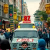 A wide shot of a bustling city street with a large UAZ vehicle prominently displayed in the center. The UAZ should be decorated with celebratory banners and balloons related to the 85th anniversary. People are walking around, some looking at the UAZ, and there are street vendors and festive decorations in the background. The overall atmosphere is celebratory and joyful.