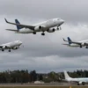 A dramatic scene of several commercial airliners circling above Helsinki Airport under overcast skies, with visible signs of difficulty landing such as tilted wings and extended landing gears, surrounded by Finnish landscape and distant city lights, conveying tension and aviation challenge