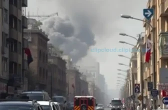 A wide shot of a city street in Iran, showing smoke rising from multiple locations. Focus on the urban environment, buildings, and possibly some emergency vehicles in the distance. The overall mood should be somber and reflective of the event. Avoid depicting any specific damage or casualties.