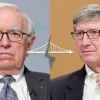 A split image. On the left, Warren Buffett looking serious, perhaps slightly concerned. On the right, Bill Gates looking thoughtful, with a subtle hint of concern. Between them, a visual representation of a donation flow – perhaps a stylized arrow or bridge – with the arrow broken or disconnected. The background should be neutral and professional, like a news studio or office.