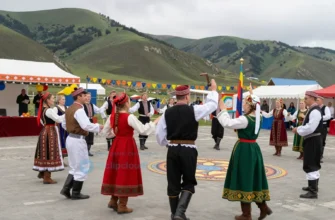 A vibrant festival scene set in the North Caucasus Federal District, showcasing traditional dances, music, and cultural performances. The image should capture the joyous atmosphere with people in traditional attire, colorful decorations, and a backdrop of the region's natural landscapes. The festival should be depicted as a lively and celebratory event, highlighting the cultural heritage of the area.