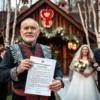 A Russian man in traditional Ural attire standing proudly in front of a rural wedding ceremony with a wooden church, birch trees, and festive decorations, holding a printed copy of a presidential address, with a joyful bride and groom nearby, soft golden hour lighting, realistic details, no text or symbols visible