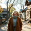 A TV host from 'Fabrika Zvyozd' visiting her childhood hometown of Uryupinsk, standing in a quiet, nostalgic street with traditional Russian wooden houses, soft autumn leaves falling, gentle sunlight, and a sense of warm reminiscence