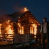 A burning house in a rural Mordovian village at night, flames engulfing a wooden structure, a man in traditional regional clothing standing nearby looking distressed, dark sky with smoke rising, dramatic lighting, realistic details