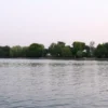 A serene lakeside scene in Moscow with clear water, green trees along the shore, and a few distant benches under a soft sky, no people swimming or entering the water, subtle signs indicating swimming is prohibited, peaceful atmosphere, natural lighting