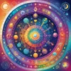 A colorful illustration depicting the zodiac signs arranged in a circular pattern, with each sign having its corresponding symbol and a brief description of its traits. The background should be a vibrant, cosmic gradient.
