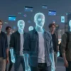 A futuristic digital scene showing multiple glowing AI-generated human avatars (doppelgängers) standing in a row, each with subtle differences in facial features, wearing modern Israeli casual clothing, surrounded by floating digital fragments like stolen data, credit card symbols, and locked phones, with a dark city skyline of Tel Aviv in the background under a twilight sky, conveying cybercrime and identity theft