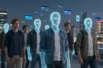 A futuristic digital scene showing multiple glowing AI-generated human avatars (doppelgängers) standing in a row, each with subtle differences in facial features, wearing modern Israeli casual clothing, surrounded by floating digital fragments like stolen data, credit card symbols, and locked phones, with a dark city skyline of Tel Aviv in the background under a twilight sky, conveying cybercrime and identity theft