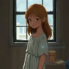 A young girl, approximately 12-14 years old, with light brown hair and a simple summer dress, standing in a modest indoor setting with a window showing a rainy day outside. She has a somber expression, looking downwards, with subtle details suggesting she is a victim of a recent tragedy. The scene should convey quiet sadness and reflection, with soft natural lighting and realistic textures.