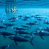 A group of 30 whales swimming peacefully in a clear blue ocean, with a faded, closed marine animal park visible in the distant background, overgrown with vines and rusted structures, soft sunlight filtering through the water, realistic underwater lighting, gentle waves at the surface, no text or signs, no humans, no boats, no debris