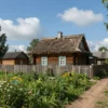 A serene, rustic Russian village scene on a summer morning, likely July 27th. The image features a traditional wooden house with a thatched roof, surrounded by lush greenery and wildflowers. A small wooden fence and a dirt path lead to the house. The sky is clear and blue with a few fluffy white clouds, suggesting a calm, sunny day. The overall atmosphere should be peaceful and slightly nostalgic, evoking the feeling of a traditional Russian summer.