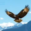 A majestic eagle soaring over a mountainous landscape with a clear blue sky, symbolizing freedom and scientific research in the Altai Mountains of Kalmykia, Russia. The eagle should be in sharp focus, with detailed feathers and wings spread wide, while the background features snow-capped peaks and a few scattered clouds.