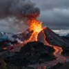 A majestic ancient volcano on the Kamchatka Peninsula erupting with molten lava and ash, dramatic sky with dark storm clouds, rugged volcanic landscape with jagged peaks and snow-capped mountains in the distance, glowing lava flows illuminating the scene, realistic volcanic activity with plumes of smoke and fire, natural lighting with contrast between fire and darkness, high detail and grandeur
