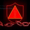 A warning sign with a red exclamation mark inside a shield, surrounded by stylized malicious phishing links shaped like broken chains, set against a dark background with subtle digital glitch effects