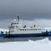 A small ice station drifting in Arctic ice, surrounded by icy waters and icebergs, with a cold and harsh environment, possibly with a polar bear or Arctic wildlife in the distance, and a stormy sky with dark clouds and snowfall