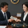 A businesswoman in a suit holding a briefcase with a large sum of money, standing next to a corrupt official accepting a bribe, in a dark, official-looking office setting